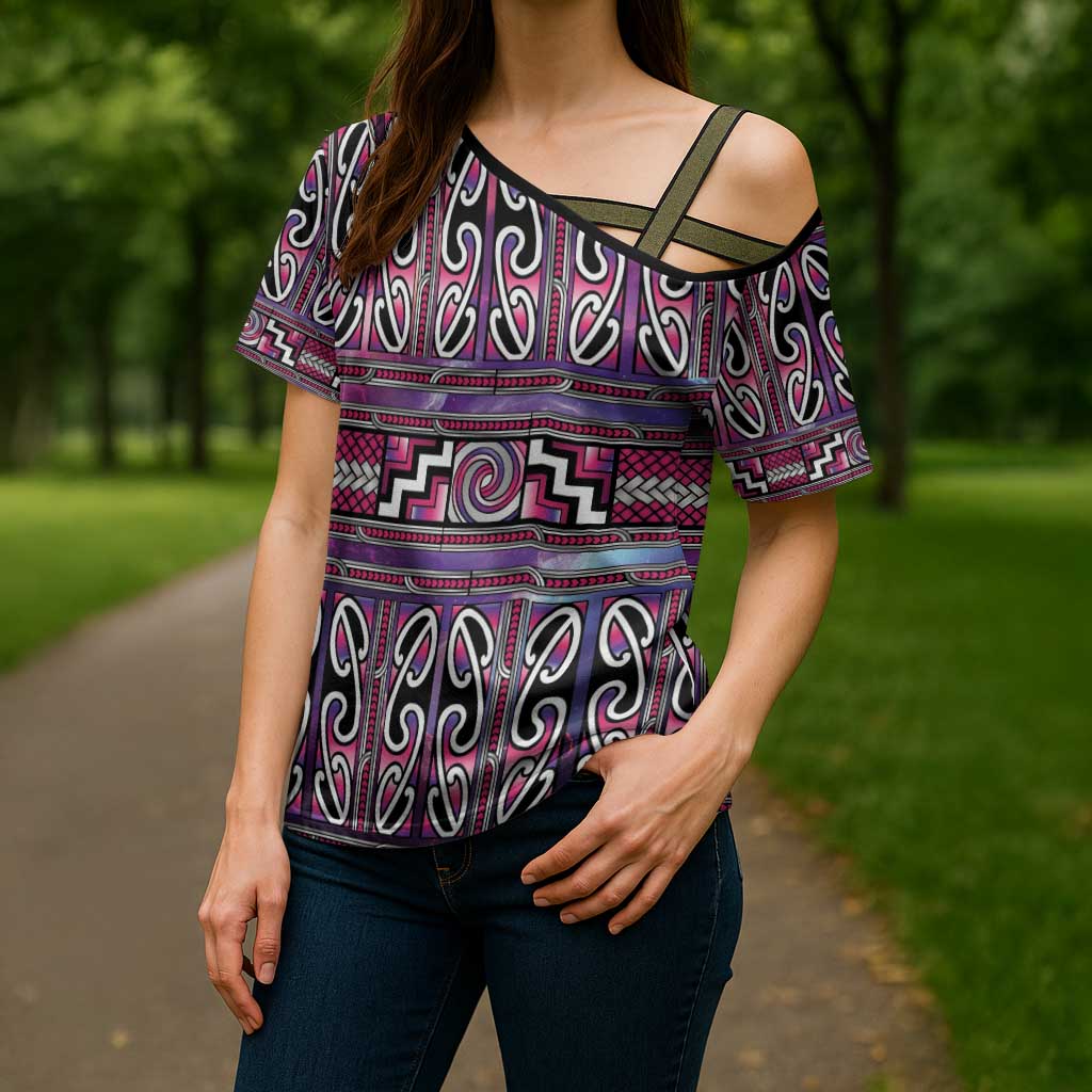 Maori Matariki Cross Shoulder Shirt Pink Galaxy Aesthetic Koru Art LT01 - Polynesian Pride