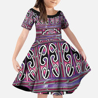 Maori Matariki Family Matching Off The Shoulder Long Sleeve Dress and Hawaiian Shirt Pink Galaxy Aesthetic Koru Art