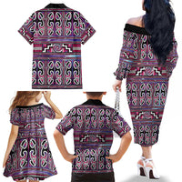 Maori Matariki Family Matching Off The Shoulder Long Sleeve Dress and Hawaiian Shirt Pink Galaxy Aesthetic Koru Art