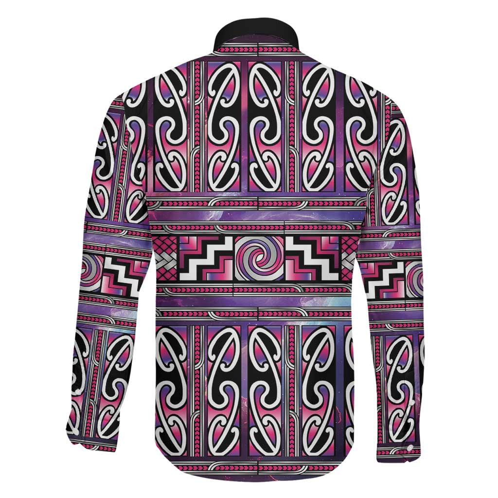 Maori Matariki Family Matching Off The Shoulder Long Sleeve Dress and Hawaiian Shirt Pink Galaxy Aesthetic Koru Art