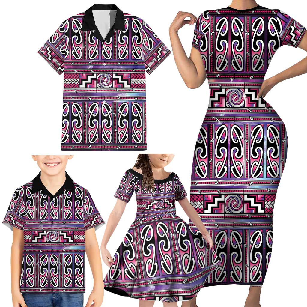Maori Matariki Family Matching Short Sleeve Bodycon Dress and Hawaiian Shirt Pink Galaxy Aesthetic Koru Art LT01 - Polynesian Pride