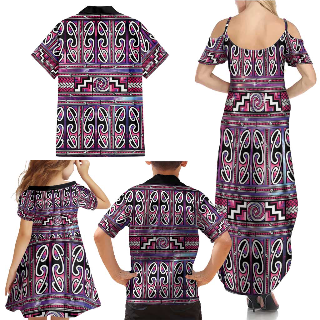 Maori Matariki Family Matching Summer Maxi Dress and Hawaiian Shirt Pink Galaxy Aesthetic Koru Art