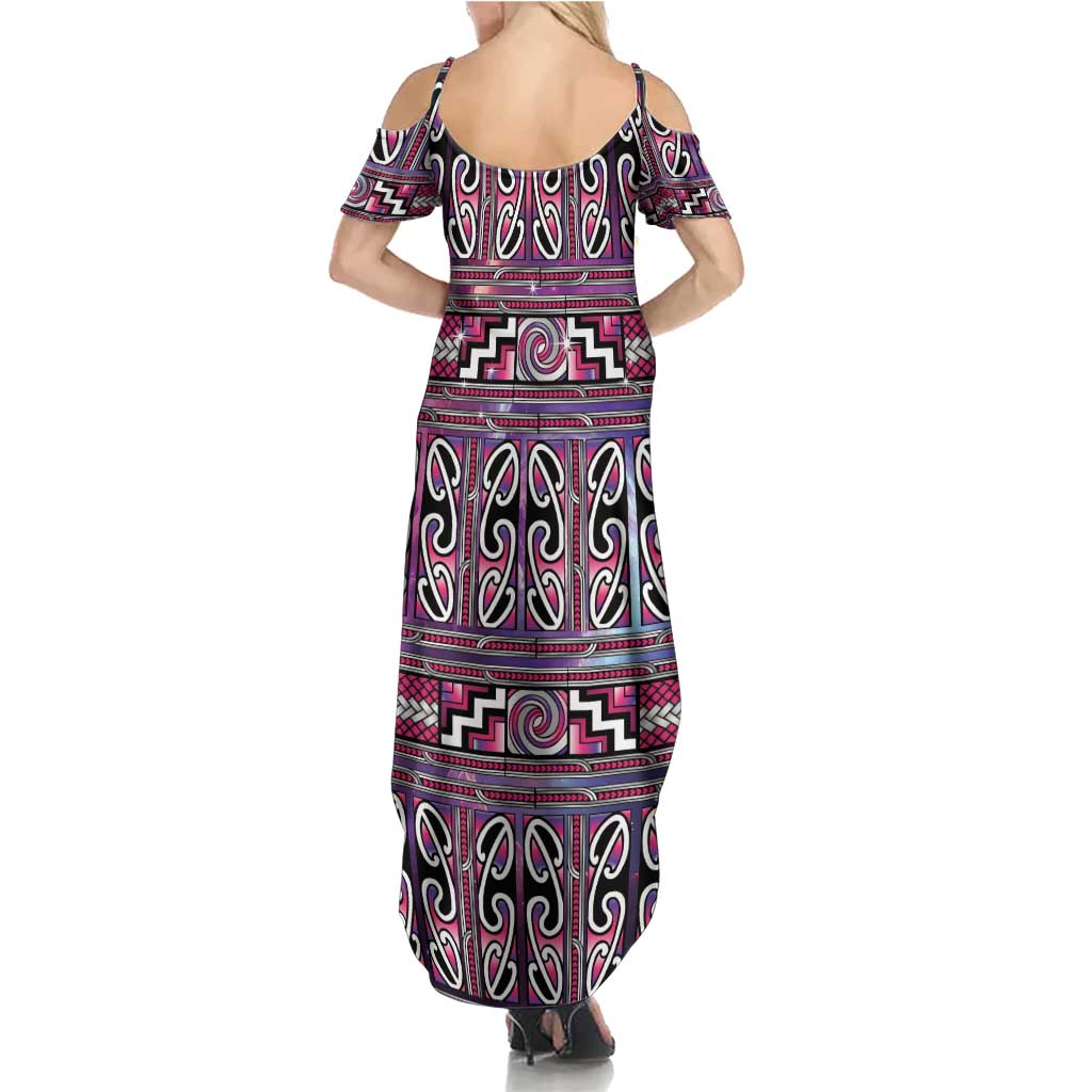 Maori Matariki Family Matching Summer Maxi Dress and Hawaiian Shirt Pink Galaxy Aesthetic Koru Art