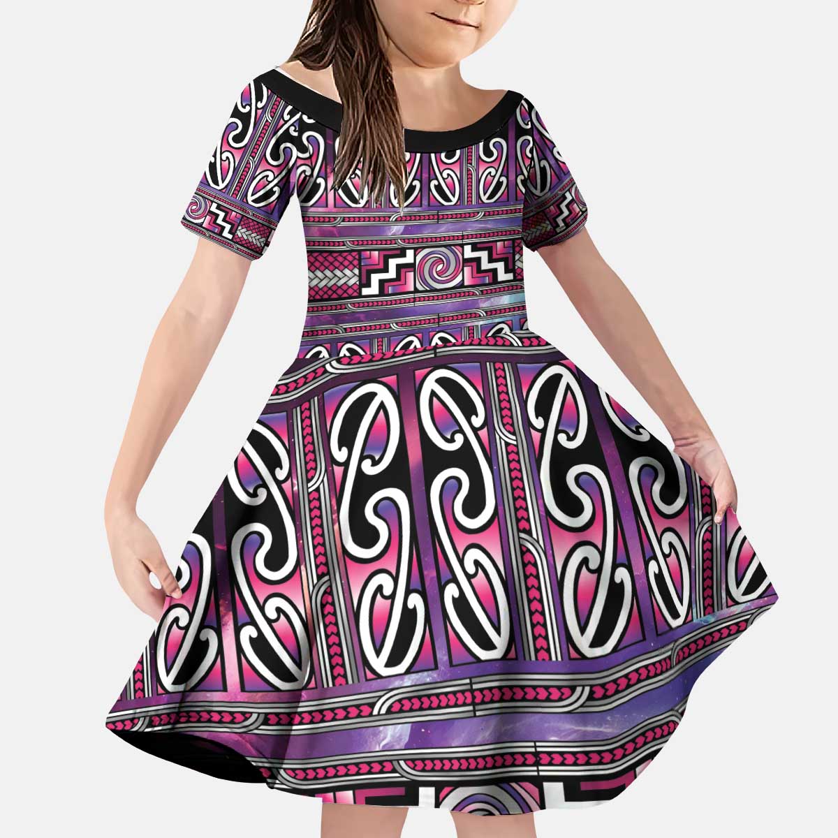 Maori Matariki Kid Short Sleeve Dress Pink Galaxy Aesthetic Koru Art LT01 KID Pink - Polynesian Pride