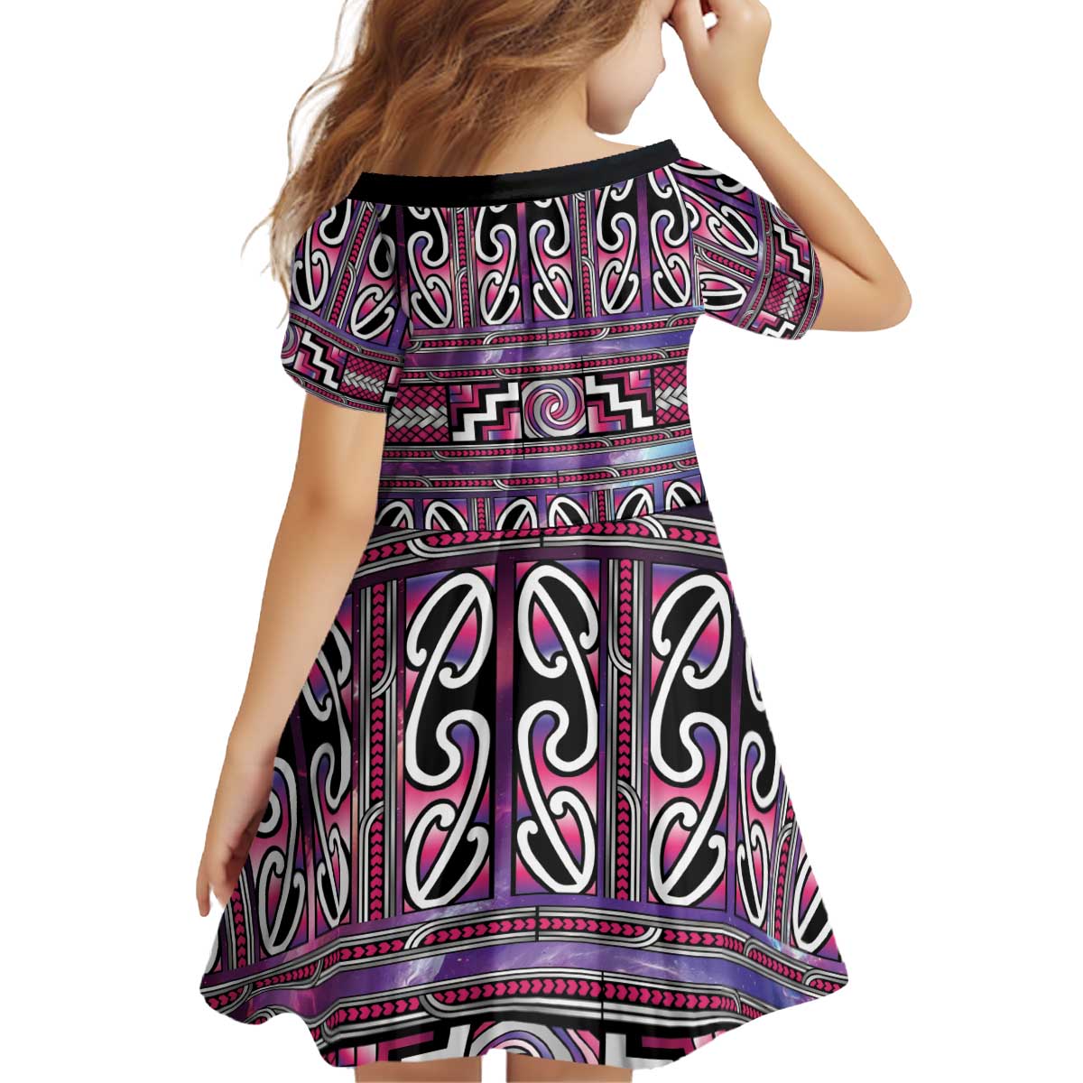 Maori Matariki Kid Short Sleeve Dress Pink Galaxy Aesthetic Koru Art LT01 - Polynesian Pride