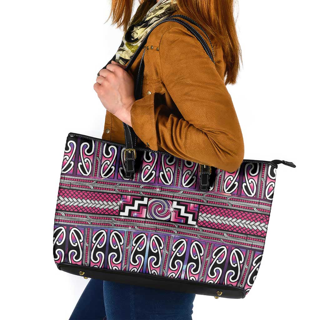 Maori Matariki Leather Tote Bag Pink Galaxy Aesthetic Koru Art LT01 Pink - Polynesian Pride