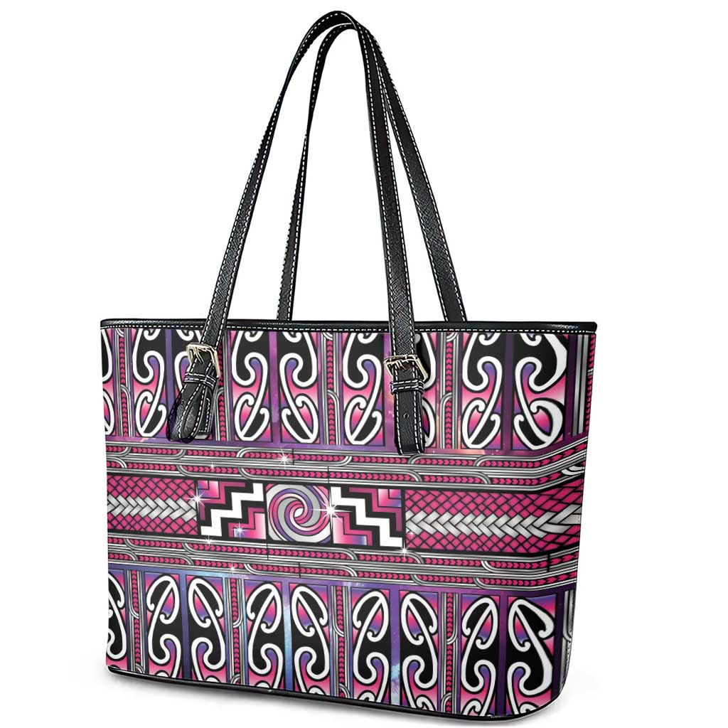 Maori Matariki Leather Tote Bag Pink Galaxy Aesthetic Koru Art LT01 - Polynesian Pride