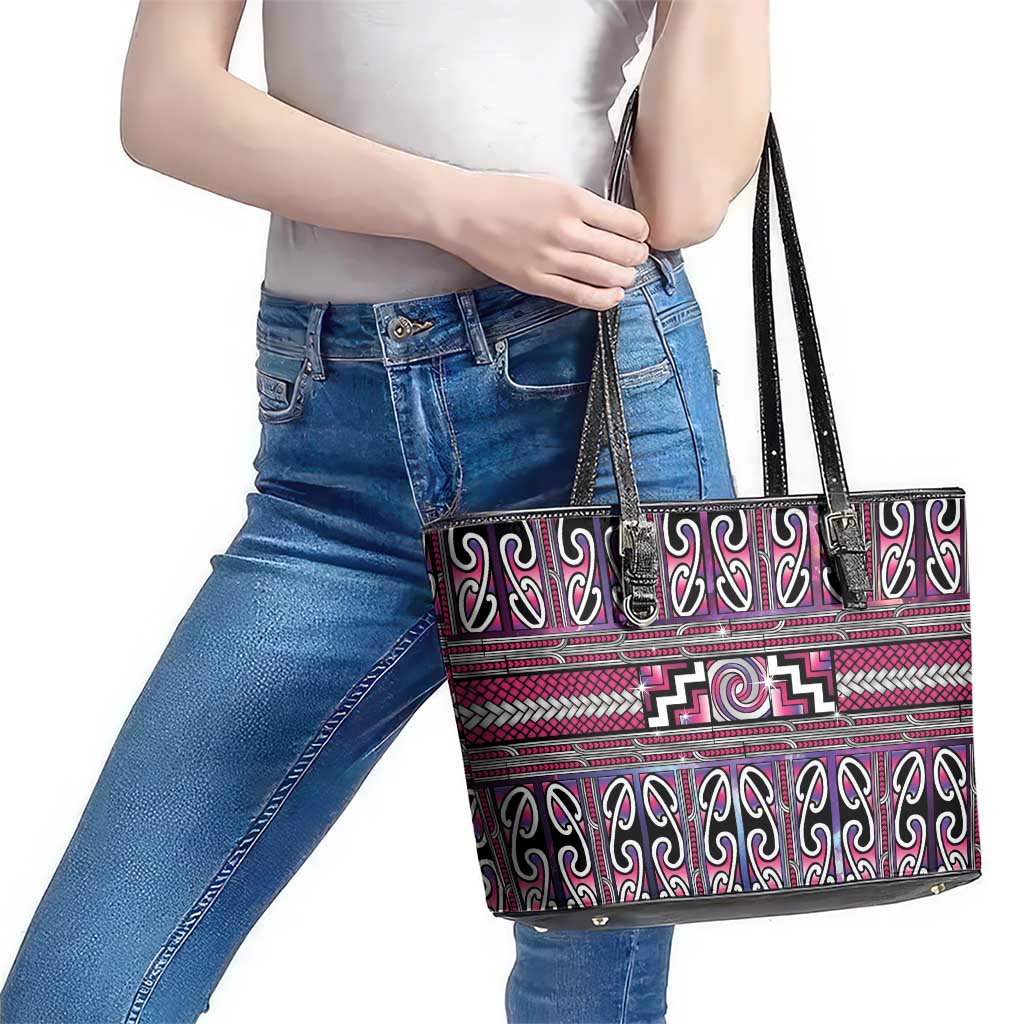 Maori Matariki Leather Tote Bag Pink Galaxy Aesthetic Koru Art LT01 - Polynesian Pride