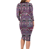 Maori Matariki Long Sleeve Bodycon Dress Pink Galaxy Aesthetic Koru Art LT01 - Polynesian Pride