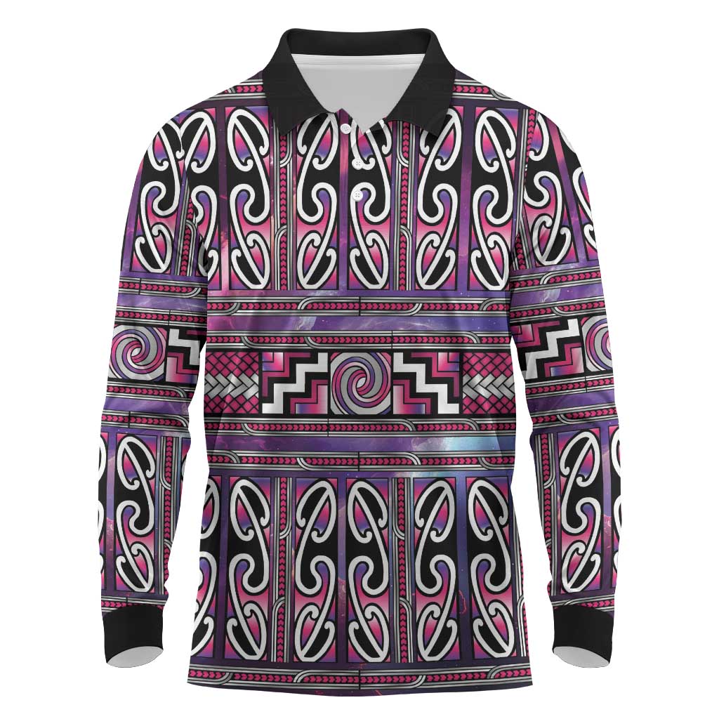 Maori Matariki Long Sleeve Polo Shirt Pink Galaxy Aesthetic Koru Art LT01 Pink - Polynesian Pride