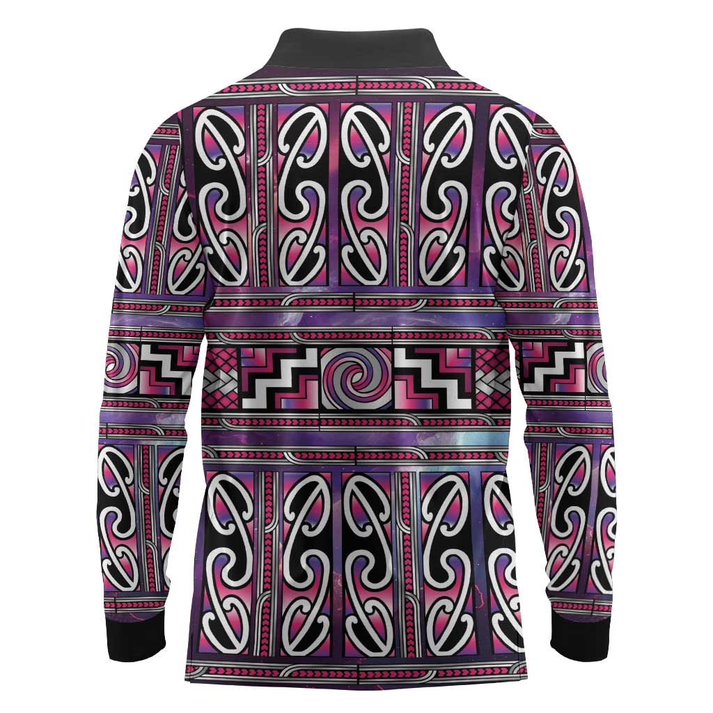 Maori Matariki Long Sleeve Polo Shirt Pink Galaxy Aesthetic Koru Art LT01 - Polynesian Pride