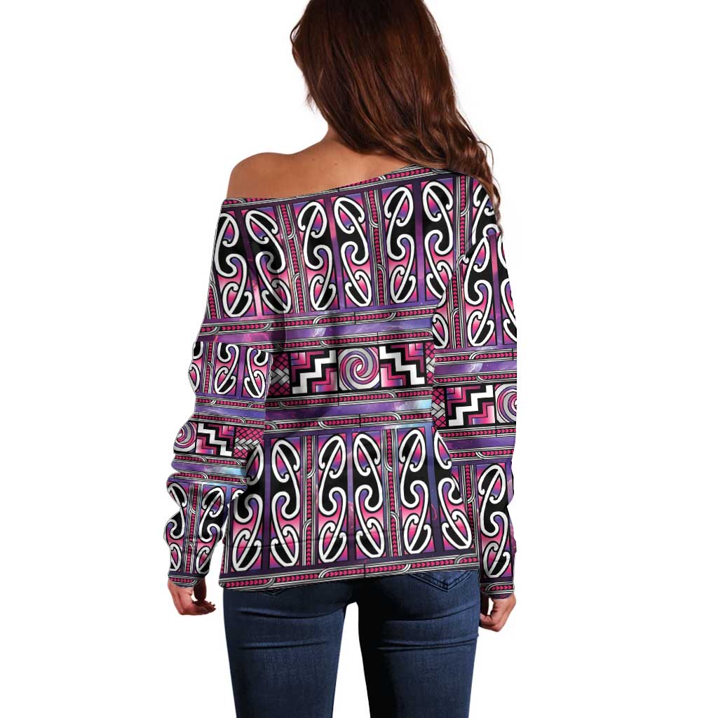 Maori Matariki Off Shoulder Sweater Pink Galaxy Aesthetic Koru Art LT01 - Polynesian Pride