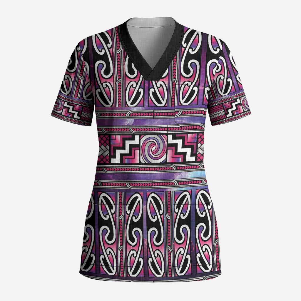 Maori Matariki Scrub Top Pink Galaxy Aesthetic Koru Art