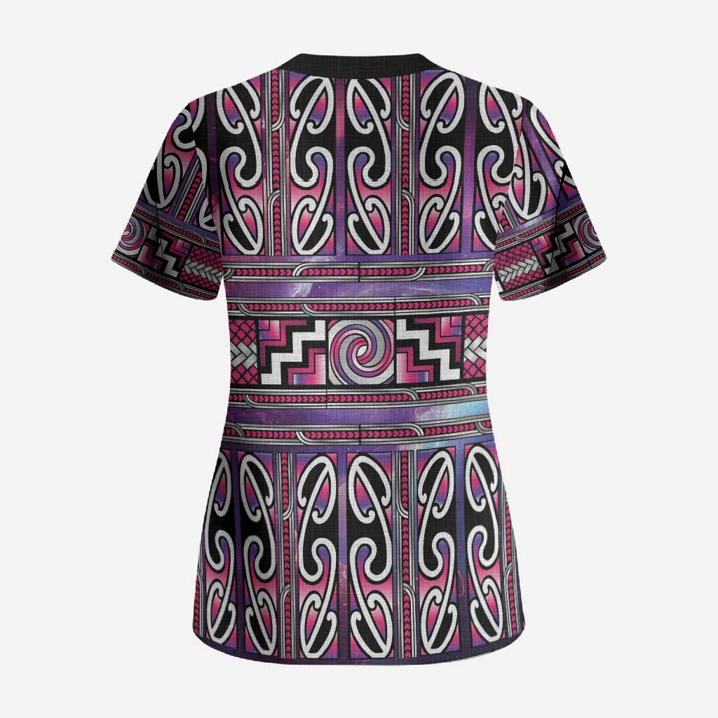 Maori Matariki Scrub Top Pink Galaxy Aesthetic Koru Art