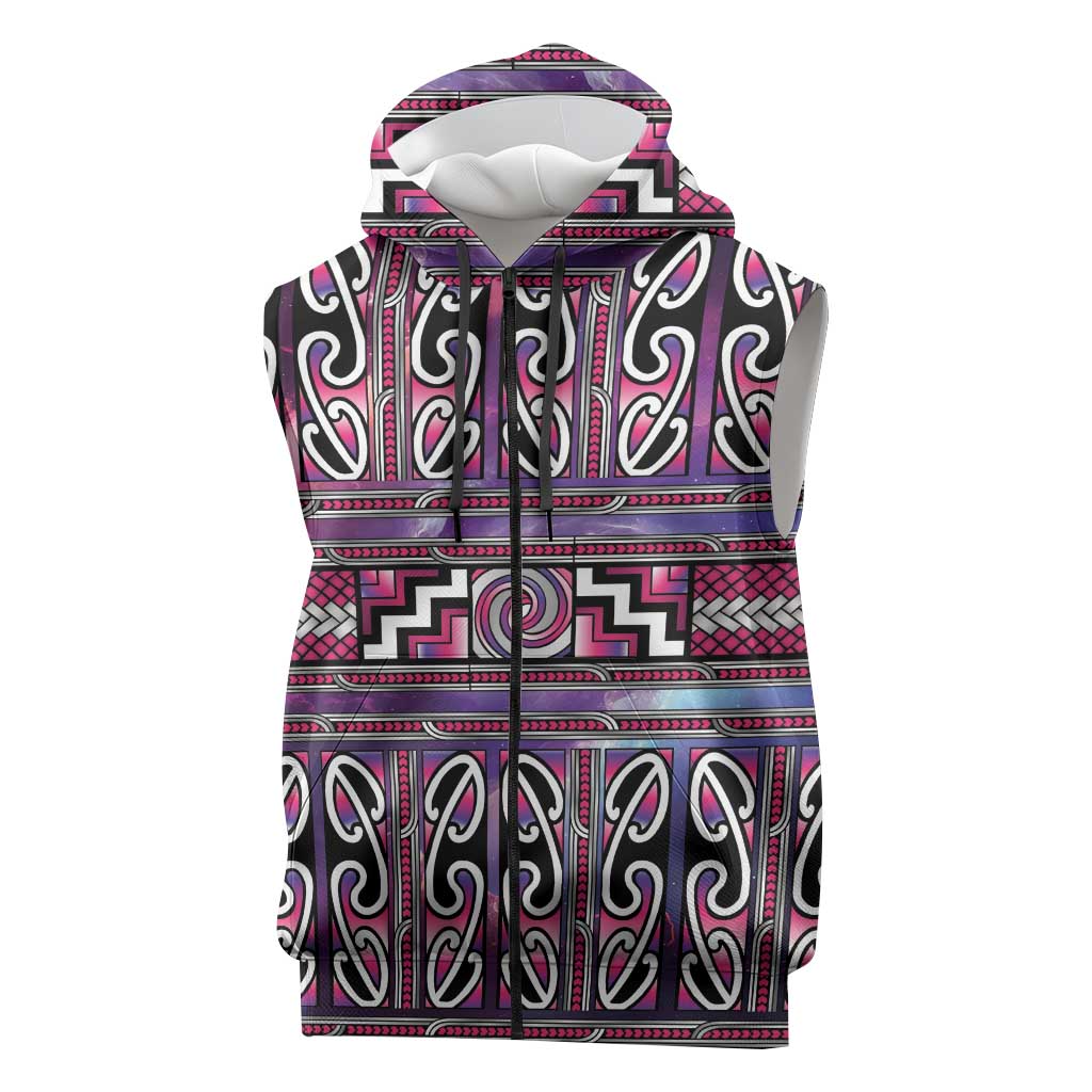 Maori Matariki Sleeveless Zip Hoodie Pink Galaxy Aesthetic Koru Art LT01 Pink - Polynesian Pride