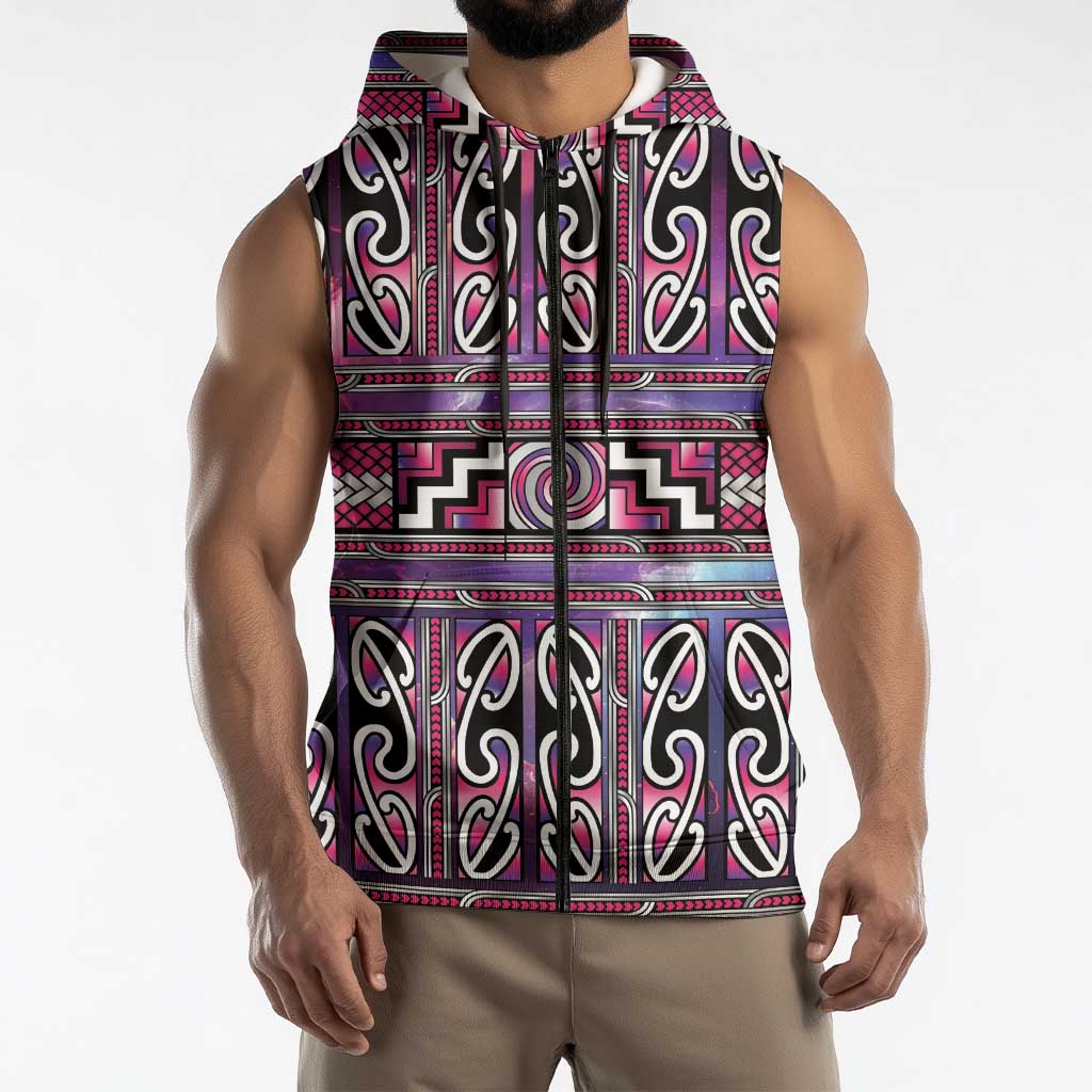 Maori Matariki Sleeveless Zip Hoodie Pink Galaxy Aesthetic Koru Art LT01 - Polynesian Pride
