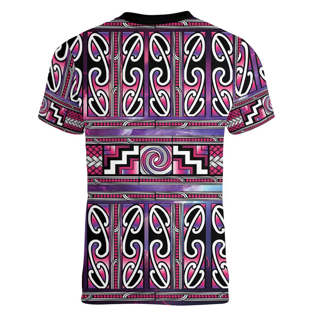 Maori Matariki Women V-Neck T-Shirt Pink Galaxy Aesthetic Koru Art LT01 - Polynesian Pride