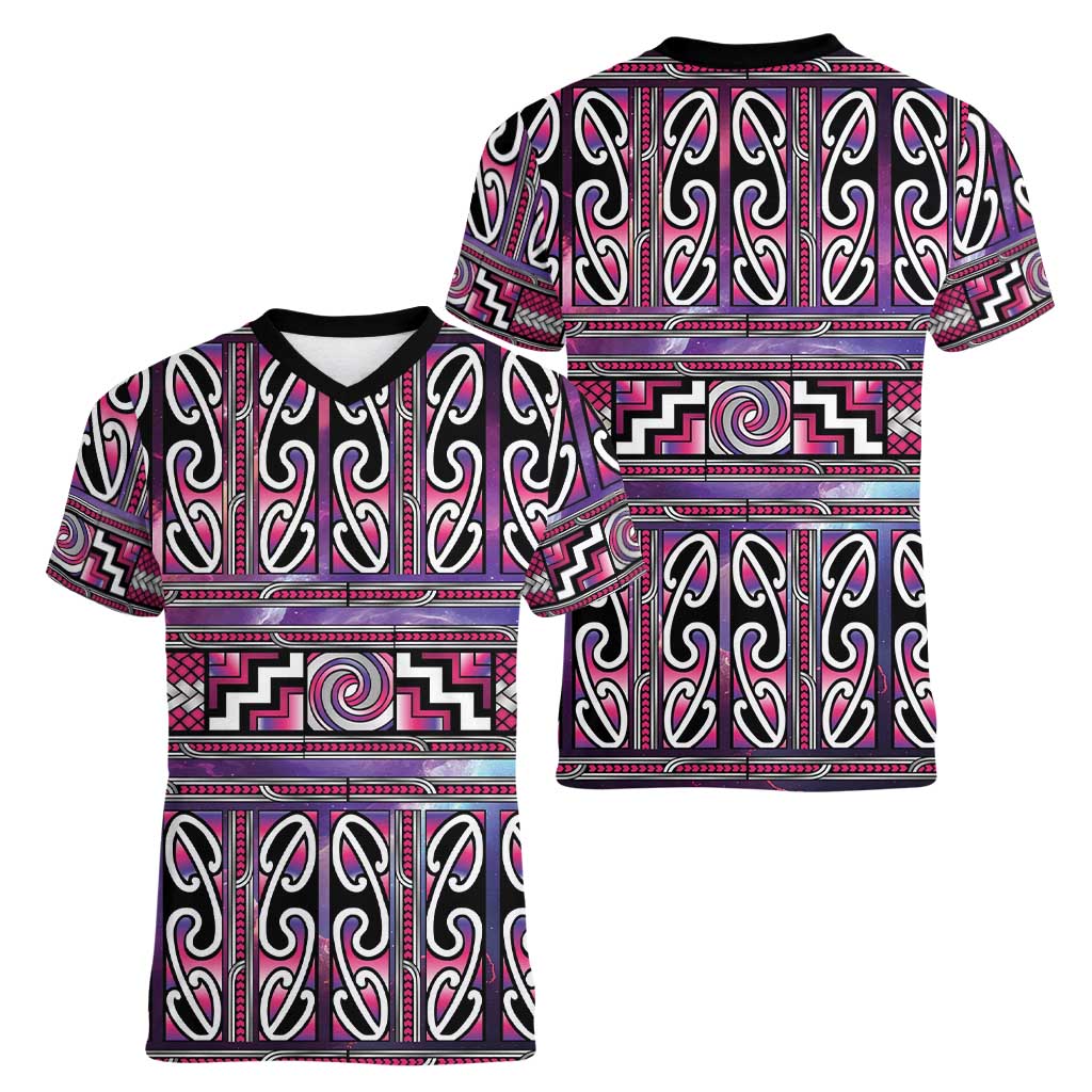 Maori Matariki Women V-Neck T-Shirt Pink Galaxy Aesthetic Koru Art LT01 - Polynesian Pride