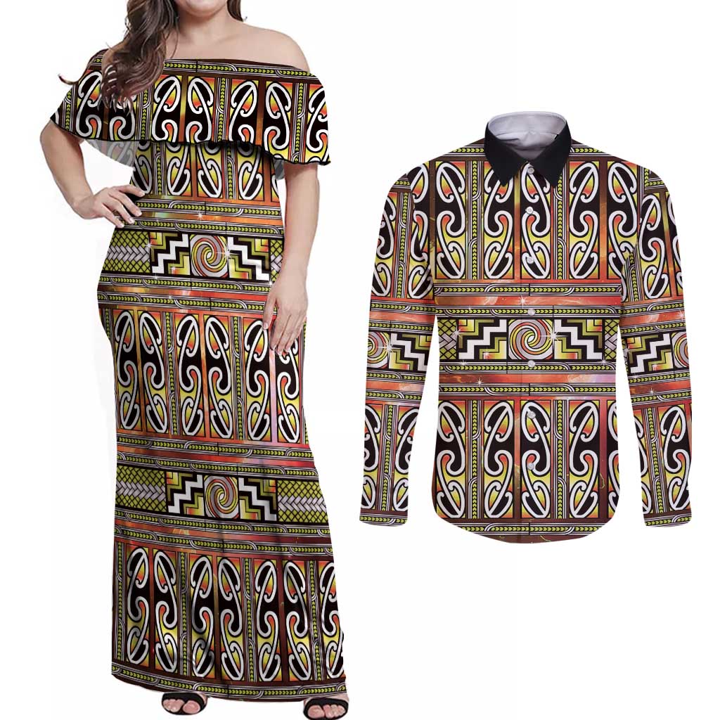 Maori Matariki Couples Matching Off Shoulder Maxi Dress and Long Sleeve Button Shirt Yellow Galaxy Aesthetic Koru Art LT01 Yellow - Polynesian Pride