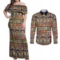 Maori Matariki Couples Matching Off Shoulder Maxi Dress and Long Sleeve Button Shirt Yellow Galaxy Aesthetic Koru Art LT01 Yellow - Polynesian Pride