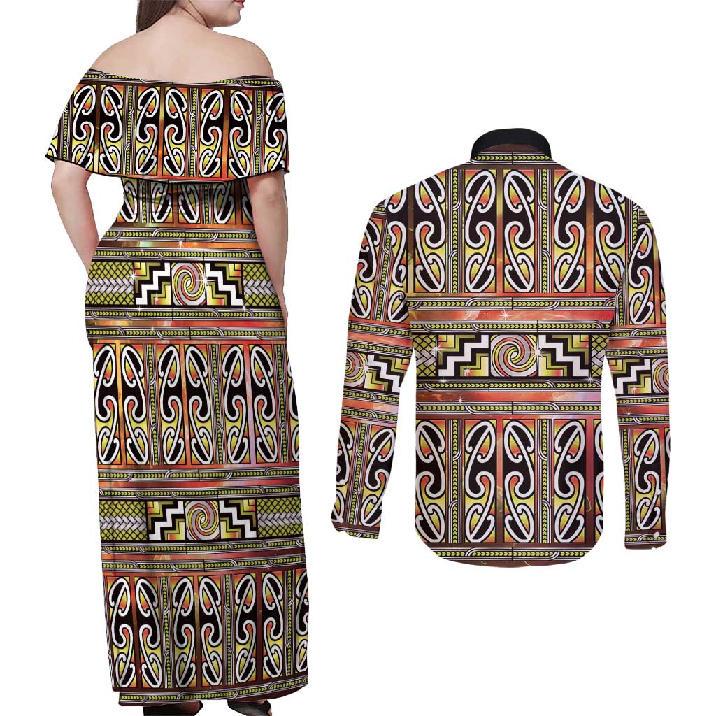 Maori Matariki Couples Matching Off Shoulder Maxi Dress and Long Sleeve Button Shirt Yellow Galaxy Aesthetic Koru Art LT01 - Polynesian Pride