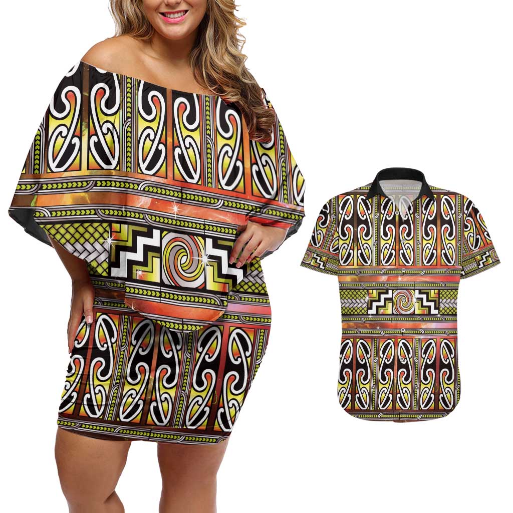 Maori Matariki Couples Matching Off Shoulder Short Dress and Hawaiian Shirt Yellow Galaxy Aesthetic Koru Art LT01 Yellow - Polynesian Pride