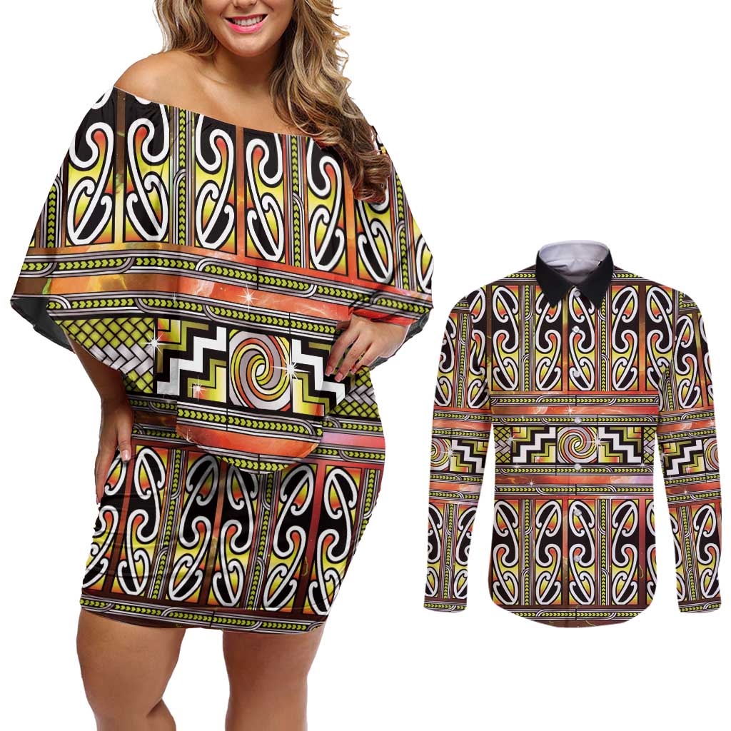 Maori Matariki Couples Matching Off Shoulder Short Dress and Long Sleeve Button Shirt Yellow Galaxy Aesthetic Koru Art LT01 Yellow - Polynesian Pride
