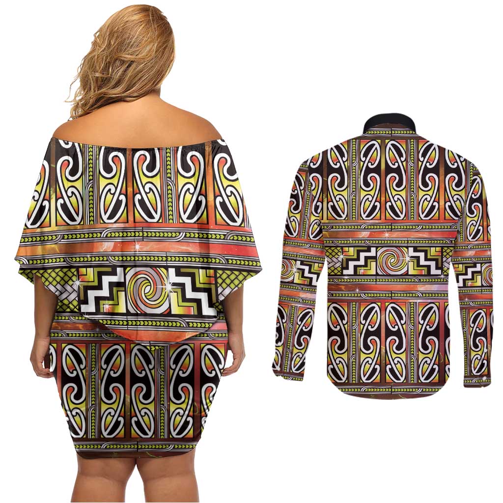 Maori Matariki Couples Matching Off Shoulder Short Dress and Long Sleeve Button Shirt Yellow Galaxy Aesthetic Koru Art LT01 - Polynesian Pride