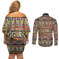 Maori Matariki Couples Matching Off Shoulder Short Dress and Long Sleeve Button Shirt Yellow Galaxy Aesthetic Koru Art LT01 - Polynesian Pride