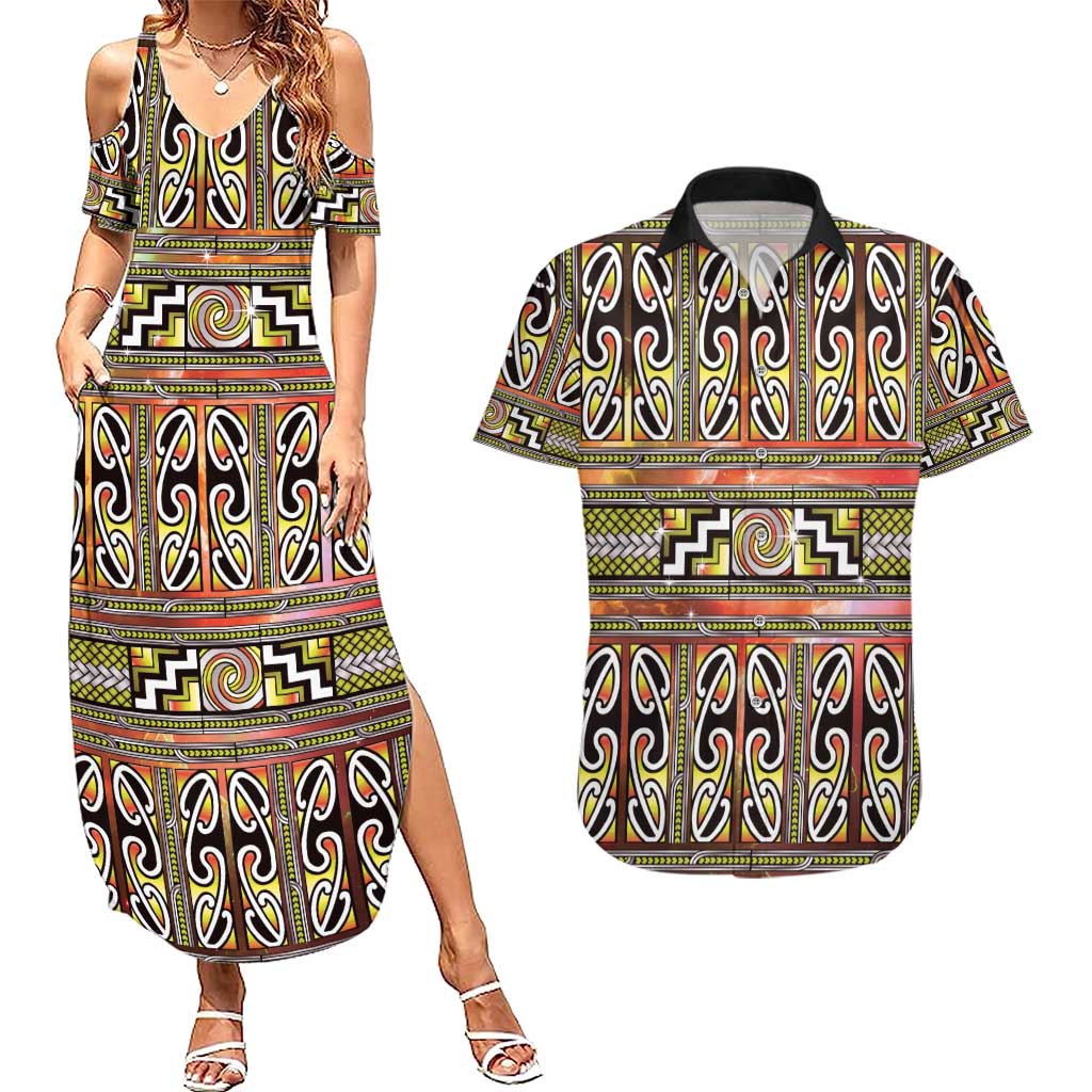 Maori Matariki Couples Matching Summer Maxi Dress and Hawaiian Shirt Yellow Galaxy Aesthetic Koru Art LT01 Yellow - Polynesian Pride