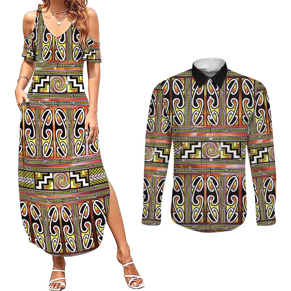 Maori Matariki Couples Matching Summer Maxi Dress and Long Sleeve Button Shirt Yellow Galaxy Aesthetic Koru Art LT01 Yellow - Polynesian Pride