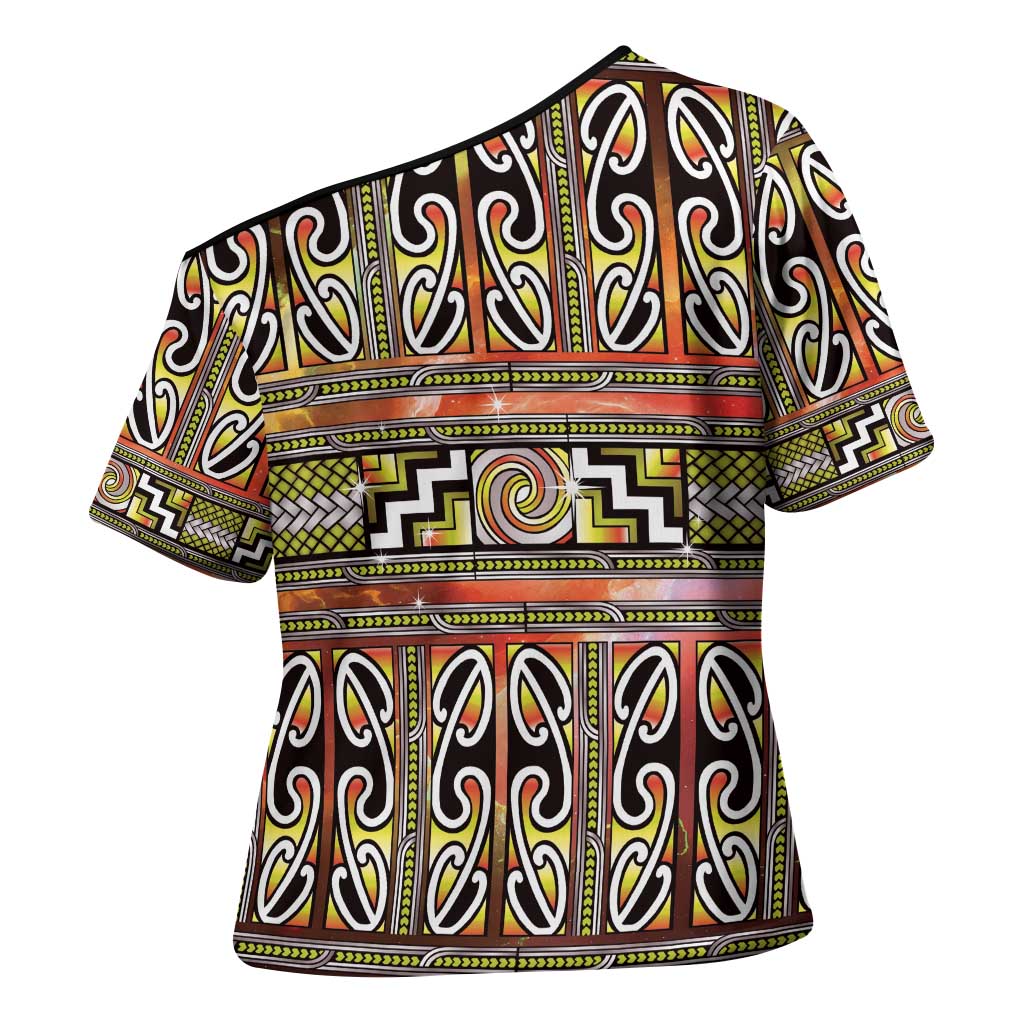 Maori Matariki Cross Shoulder Shirt Yellow Galaxy Aesthetic Koru Art LT01 - Polynesian Pride