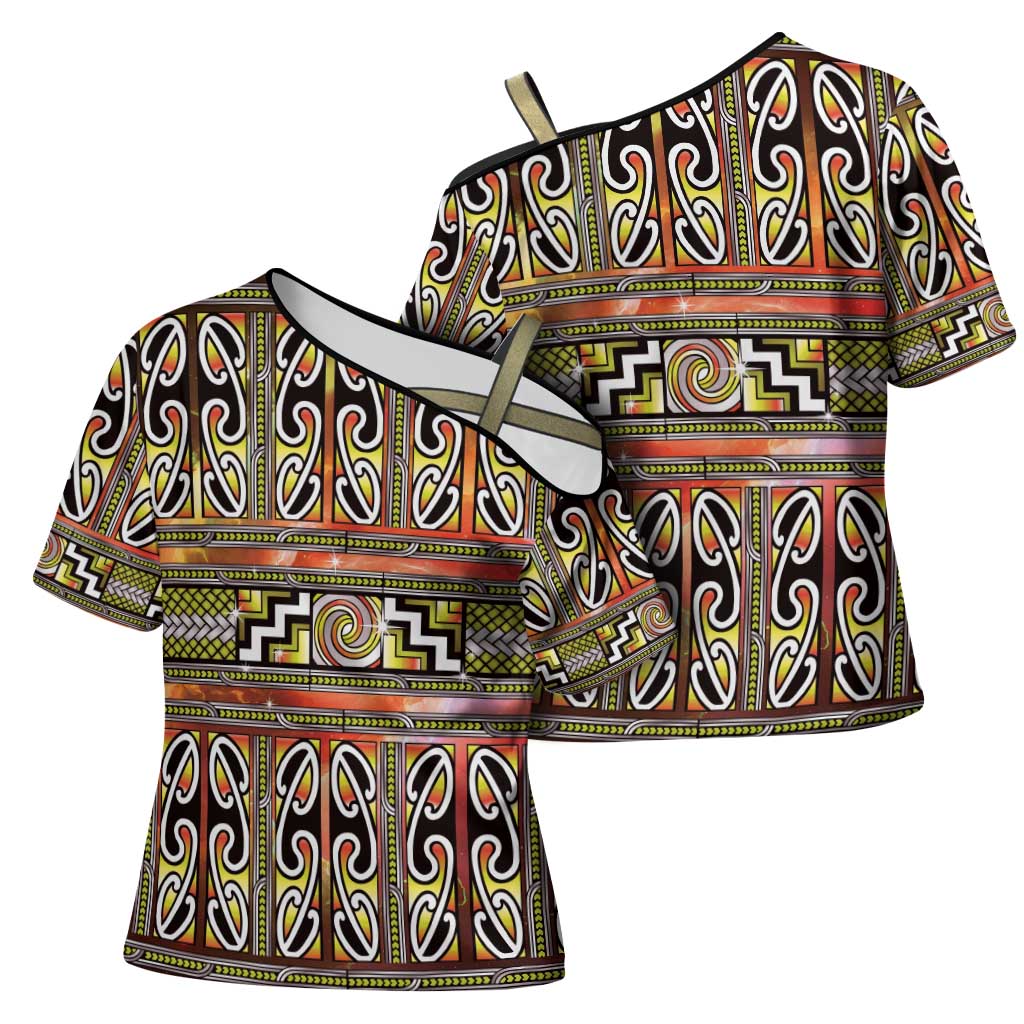 Maori Matariki Cross Shoulder Shirt Yellow Galaxy Aesthetic Koru Art LT01 - Polynesian Pride