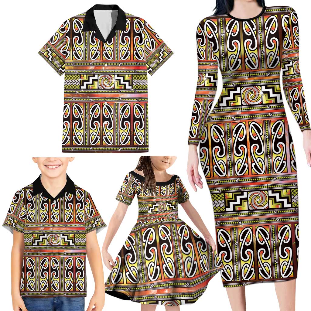 Maori Matariki Family Matching Long Sleeve Bodycon Dress and Hawaiian Shirt Yellow Galaxy Aesthetic Koru Art LT01 - Polynesian Pride