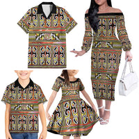Maori Matariki Family Matching Off The Shoulder Long Sleeve Dress and Hawaiian Shirt Yellow Galaxy Aesthetic Koru Art