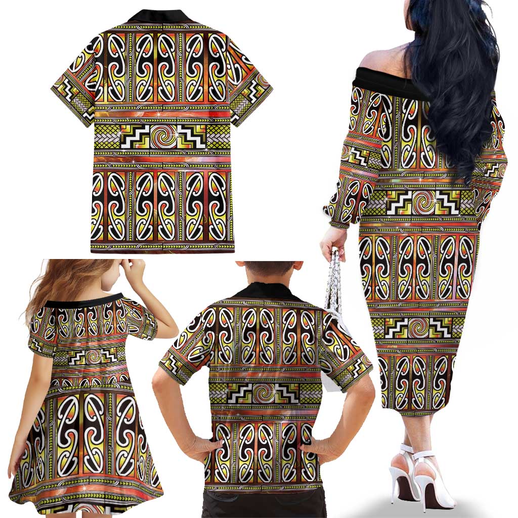 Maori Matariki Family Matching Off The Shoulder Long Sleeve Dress and Hawaiian Shirt Yellow Galaxy Aesthetic Koru Art