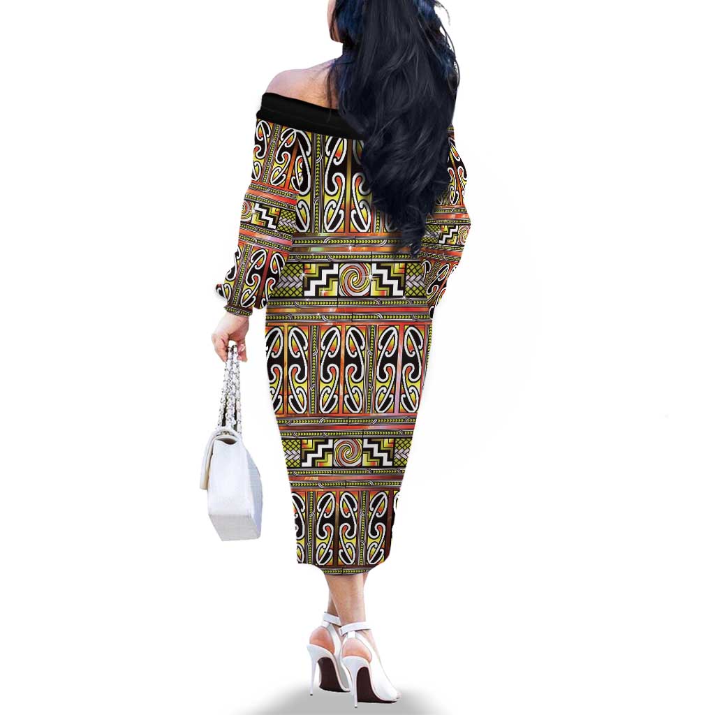 Maori Matariki Family Matching Off The Shoulder Long Sleeve Dress and Hawaiian Shirt Yellow Galaxy Aesthetic Koru Art