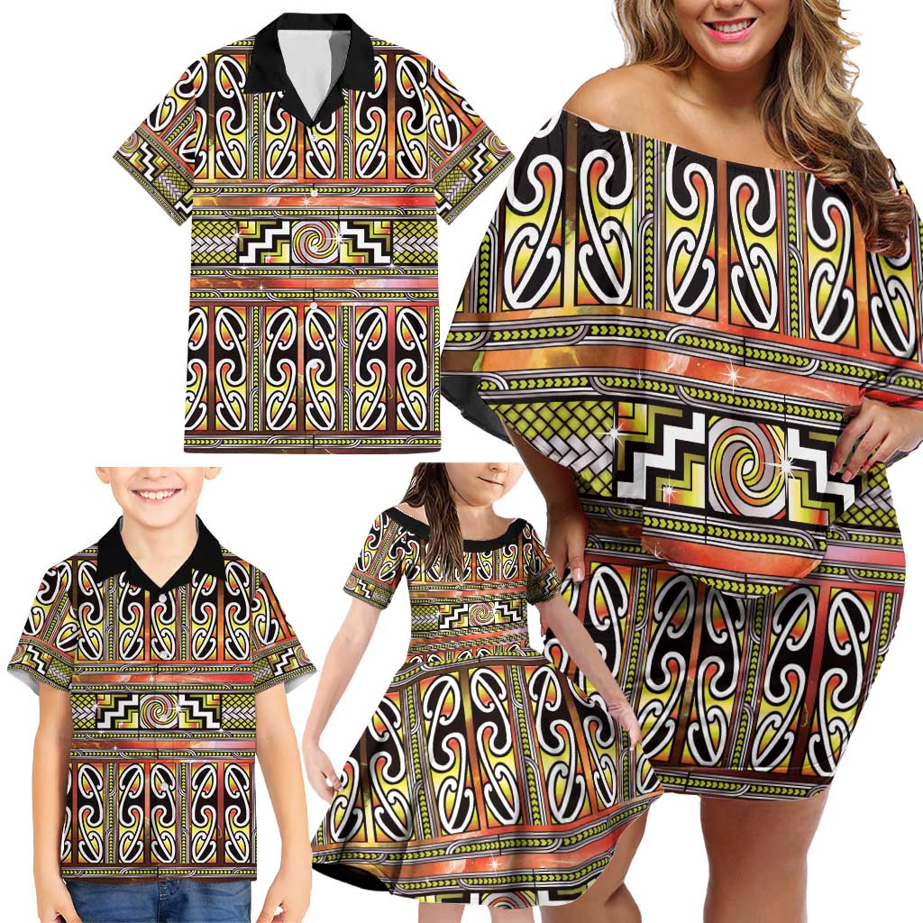 Maori Matariki Family Matching Off Shoulder Short Dress and Hawaiian Shirt Yellow Galaxy Aesthetic Koru Art LT01 - Polynesian Pride