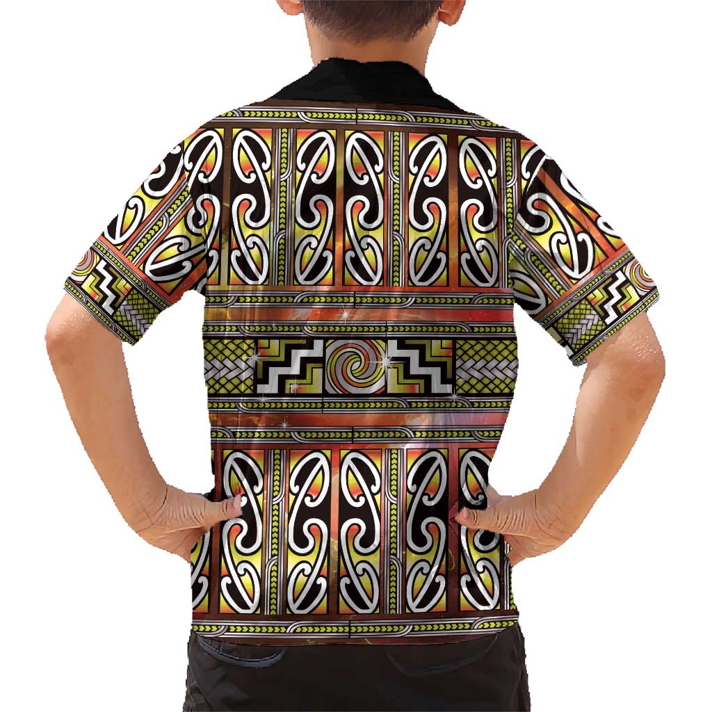 Maori Matariki Family Matching Puletasi and Hawaiian Shirt Yellow Galaxy Aesthetic Koru Art