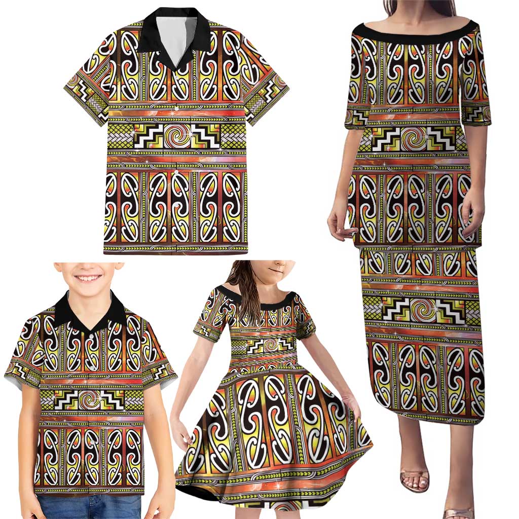 Maori Matariki Family Matching Puletasi and Hawaiian Shirt Yellow Galaxy Aesthetic Koru Art LT01 - Polynesian Pride