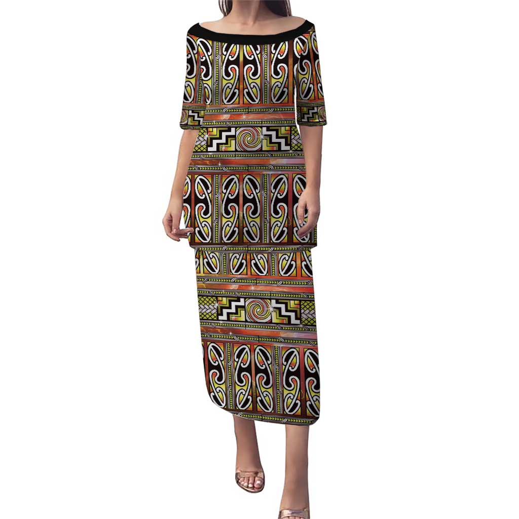 Maori Matariki Family Matching Puletasi and Hawaiian Shirt Yellow Galaxy Aesthetic Koru Art
