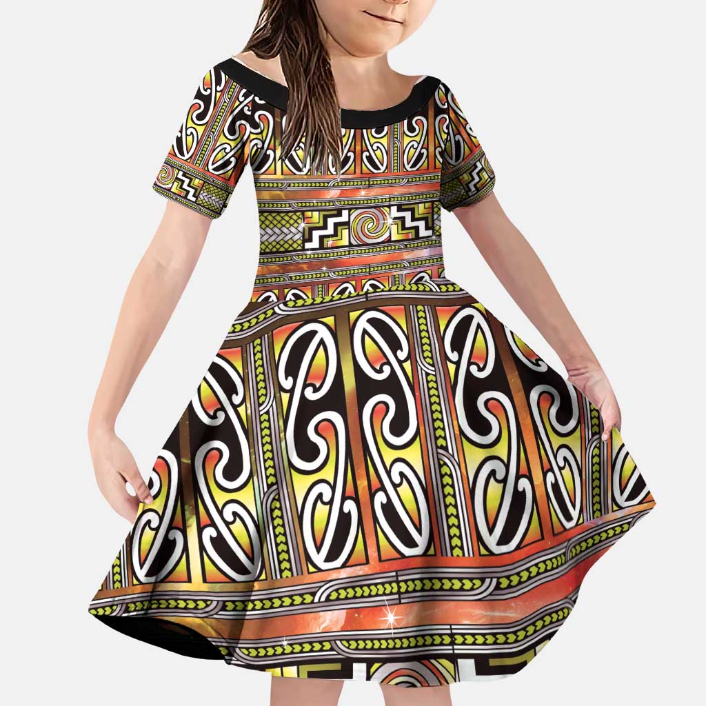 Maori Matariki Family Matching Short Sleeve Bodycon Dress and Hawaiian Shirt Yellow Galaxy Aesthetic Koru Art