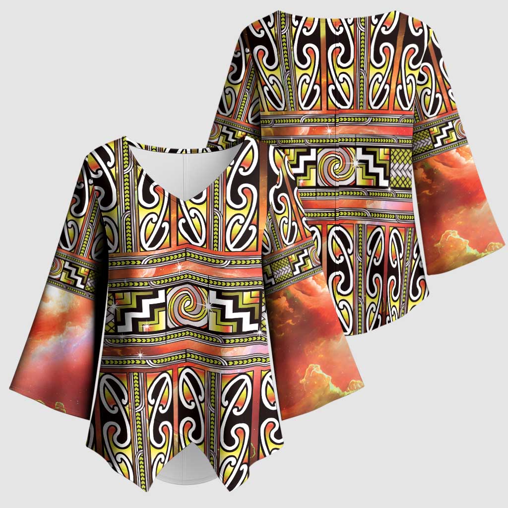 Maori Matariki Kimono Sleeve Blouse Yellow Galaxy Aesthetic Koru Art LT01 - Polynesian Pride