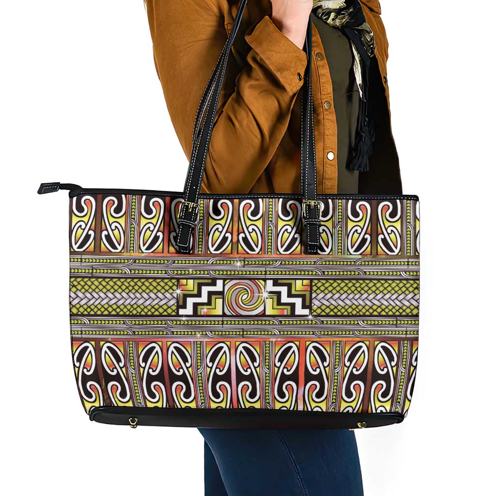 Maori Matariki Leather Tote Bag Yellow Galaxy Aesthetic Koru Art LT01 - Polynesian Pride