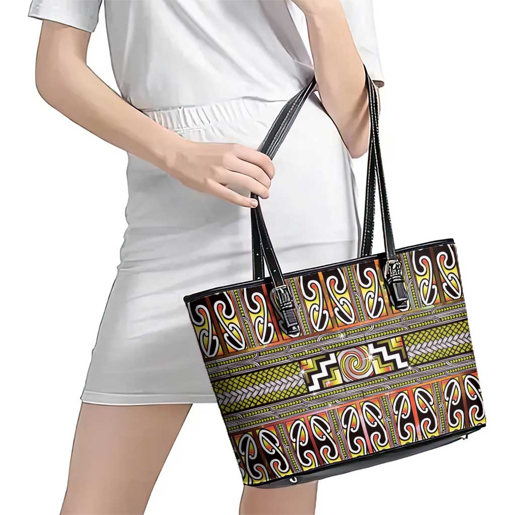 Maori Matariki Leather Tote Bag Yellow Galaxy Aesthetic Koru Art LT01 - Polynesian Pride