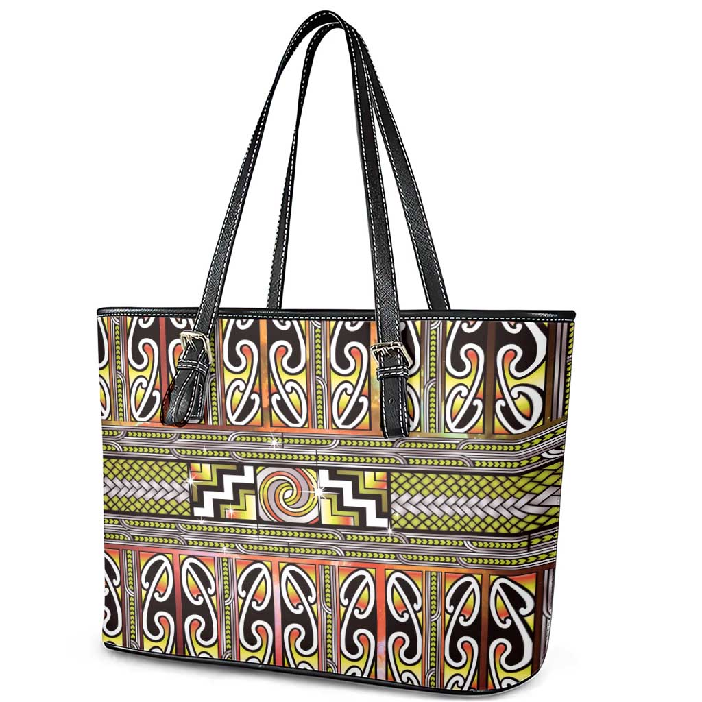 Maori Matariki Leather Tote Bag Yellow Galaxy Aesthetic Koru Art LT01 - Polynesian Pride