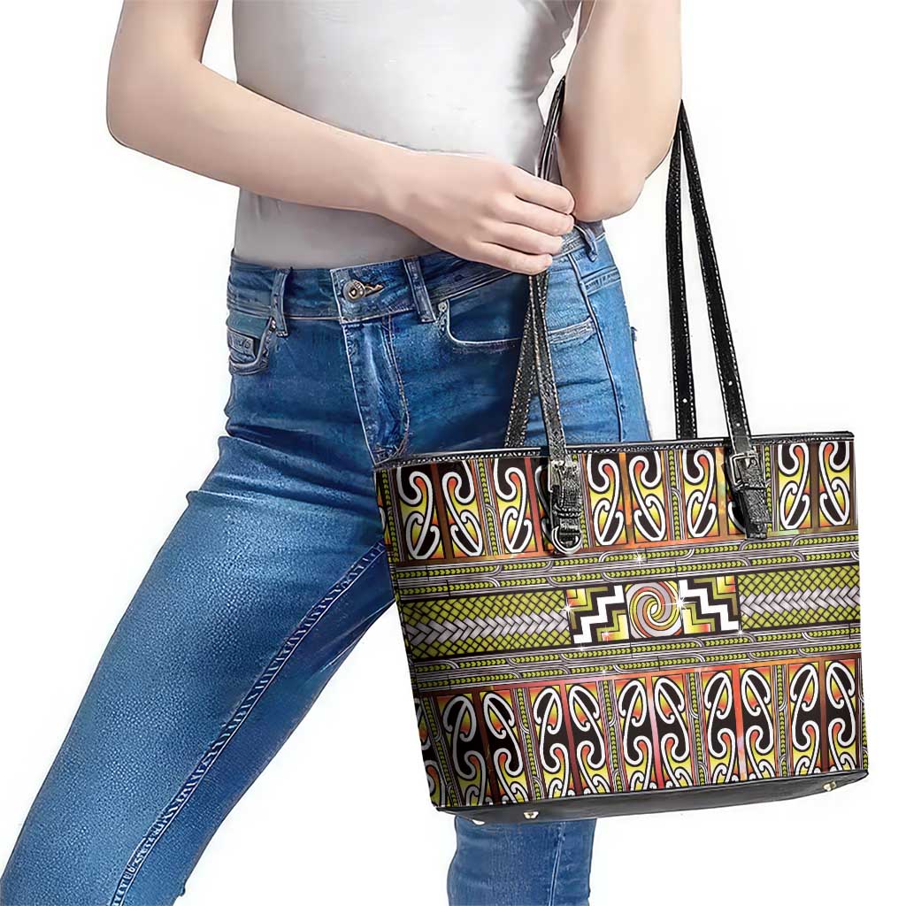 Maori Matariki Leather Tote Bag Yellow Galaxy Aesthetic Koru Art LT01 - Polynesian Pride