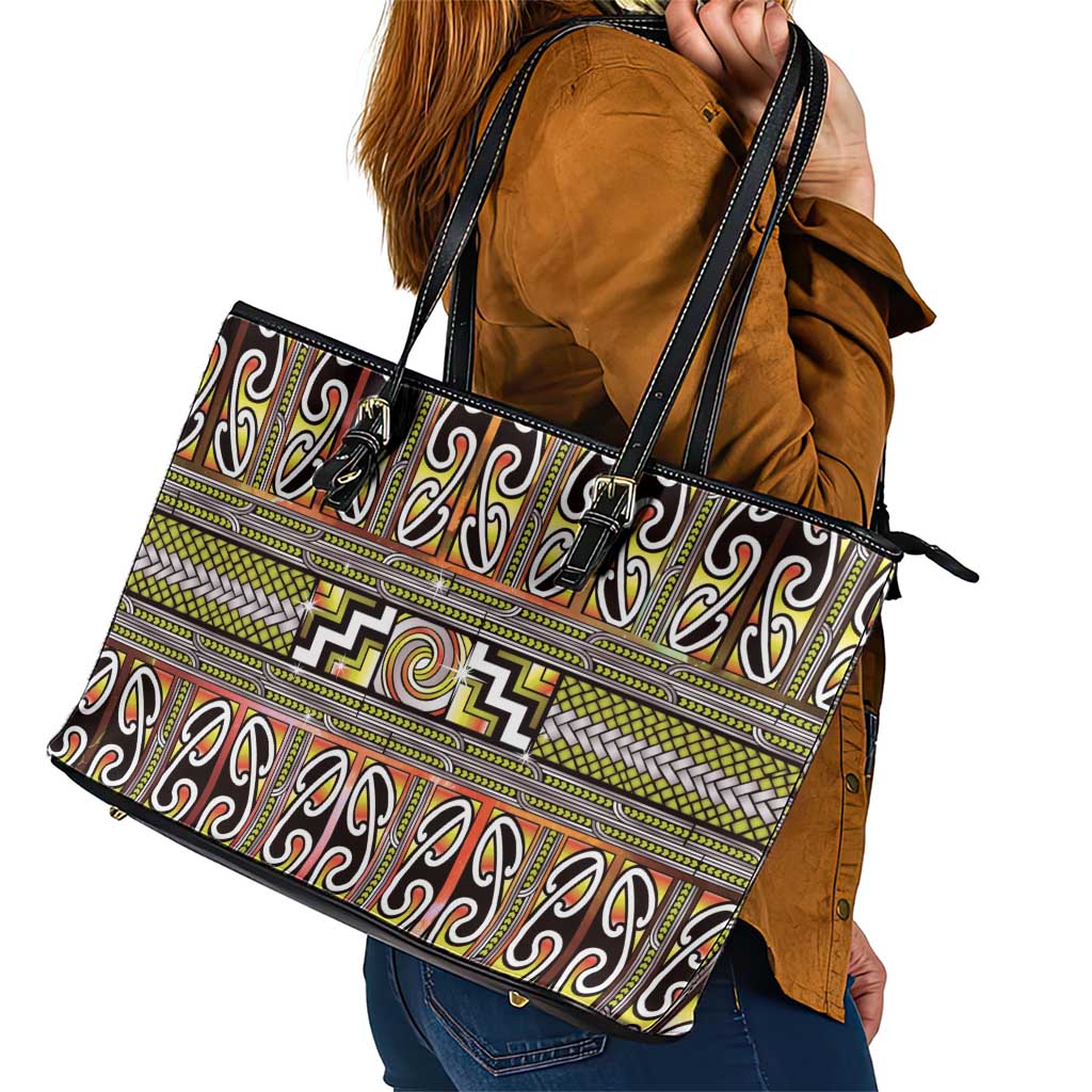 Maori Matariki Leather Tote Bag Yellow Galaxy Aesthetic Koru Art LT01 - Polynesian Pride