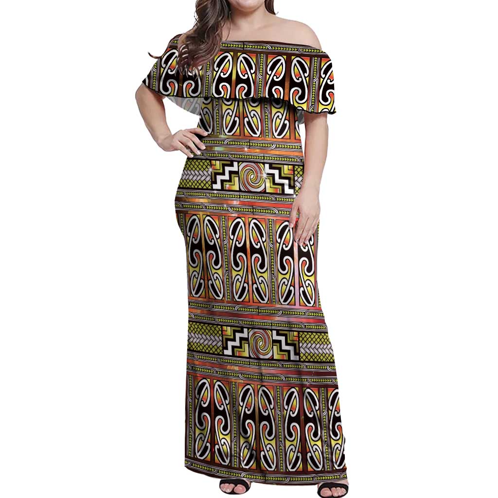 Maori Matariki Off Shoulder Maxi Dress Yellow Galaxy Aesthetic Koru Art LT01 Women Yellow - Polynesian Pride