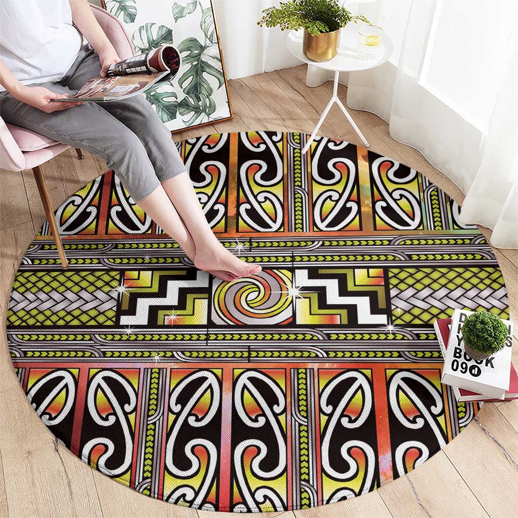 Maori Matariki Round Carpet Yellow Galaxy Aesthetic Koru Art LT01 - Polynesian Pride